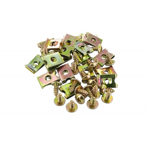 Aizmugurējā pārsega skrūves + klipsas, ar spire klipšiem, M4x10 (20 gab.), universālas Aizmugurējā pārsega skrūves + klipsas, ar spire klipšiem, M4x10 (20 gab.), universālas