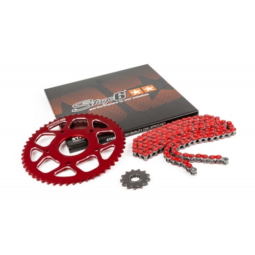 Ķēdes komplekts 13x53 - 420 Stage6 alumīnija CNC sarkans Peugeot / Motorhispania Ķēdes komplekts 13x53 - 420 Stage6 alumīnija CNC sarkans Peugeot / Motorhispania