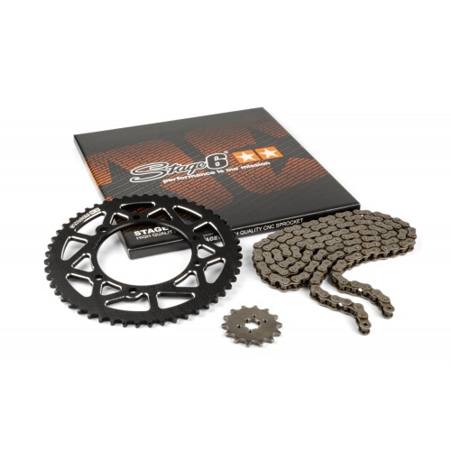 Ķēdes komplekts 14x53 - 420 Stage6 alumīnija CNC melns Derbi Senda X-treme Ķēdes komplekts 14x53 - 420 Stage6 alumīnija CNC melns Derbi Senda X-treme